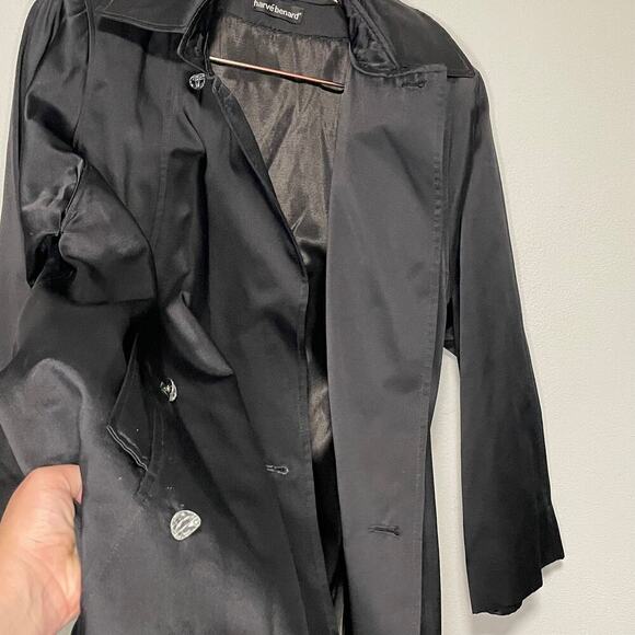 Harve Bernard Black Satin Diamond Design Buttons Trench Coat size 4 - Picture 10 of 11